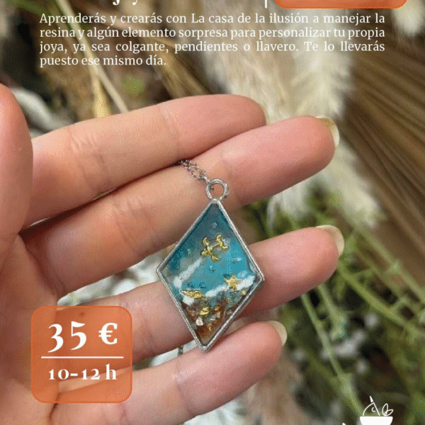 Cartel del taller ‘Crea tu joya con resina’ del 31 de enero en El Nido, con colgante artesanal en tonos azules y dorados.