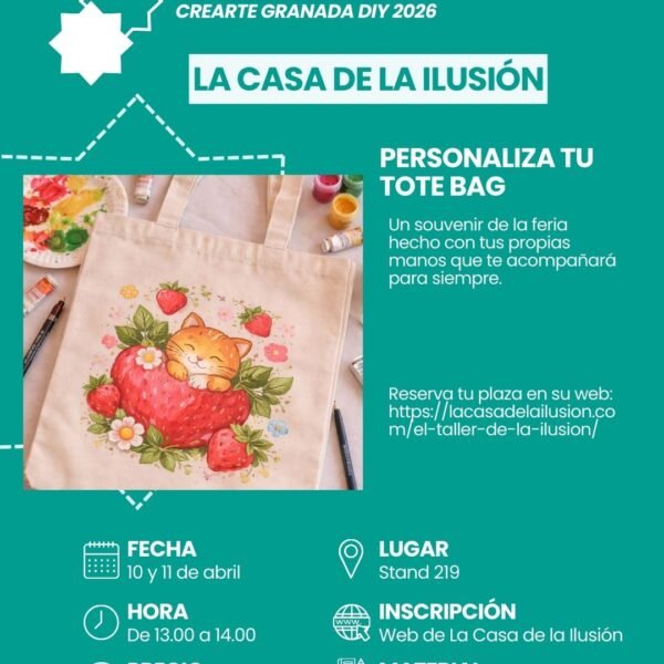 Personaliza tu Tote bug en Crearte Granada DIY 2026, taller creativo de personalización de tote bag con materiales incluidos en stand 219.