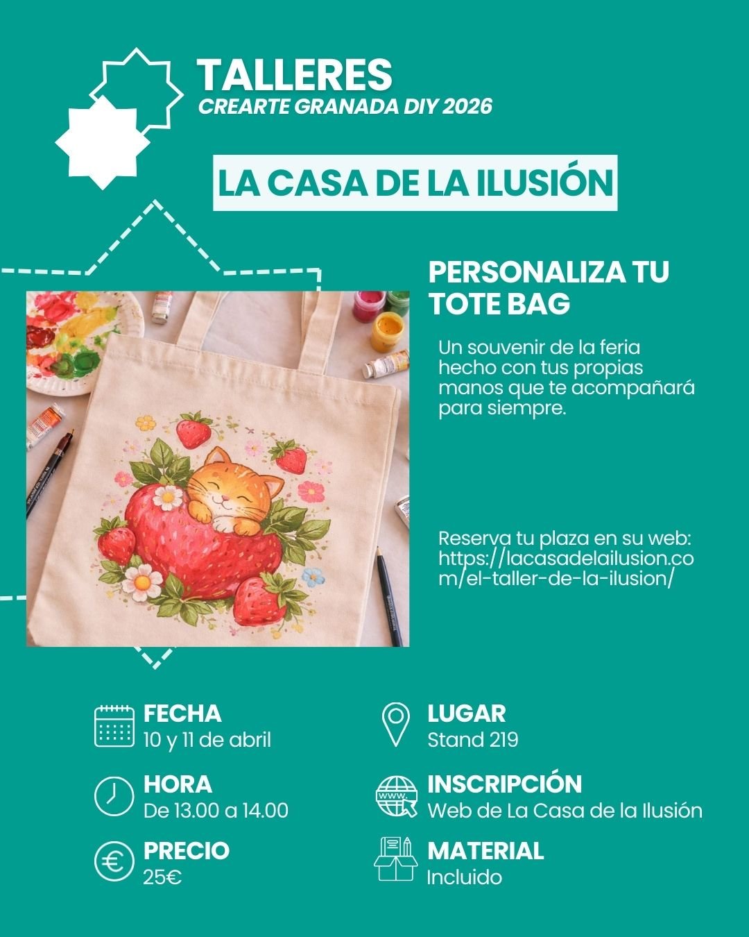 Personaliza tu Tote bug en Crearte Granada DIY 2026, taller creativo de personalización de tote bag con materiales incluidos en stand 219.