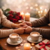 Pareja cuidando el vínculo mientras comparten un momento íntimo con café y velas