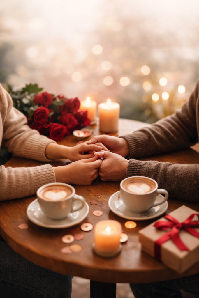 Pareja cuidando el vínculo mientras comparten un momento íntimo con café y velas