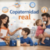 Copaternidad real mostrando corresponsabilidad en la crianza y reparto equitativo de tareas familiares