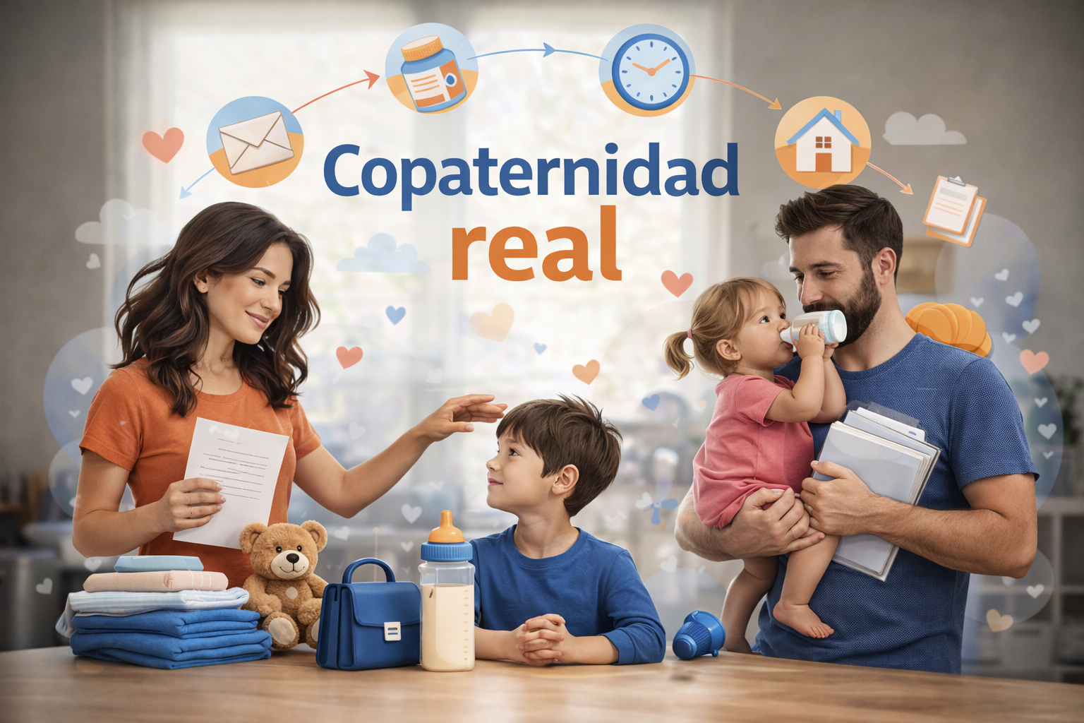 Copaternidad real mostrando corresponsabilidad en la crianza y reparto equitativo de tareas familiares