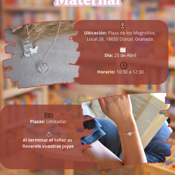 Cartel taller de joyería maternal en Dúrcal Granada con creación de joyas personalizadas de leche materna