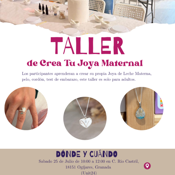 Cartel taller de joyería maternal en Local UNIT24 en Ogíjares Granada con creación de joyas personalizadas de leche materna